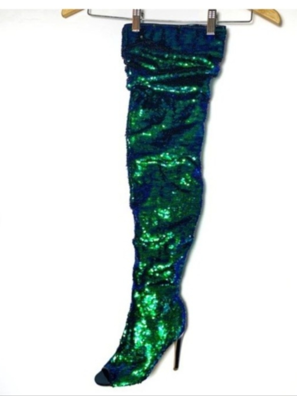 Cape Robbin Thigh High Mermaid Sequin Blue Green Open Toe Fetish Boots Size 7 - Picture 4 of 12